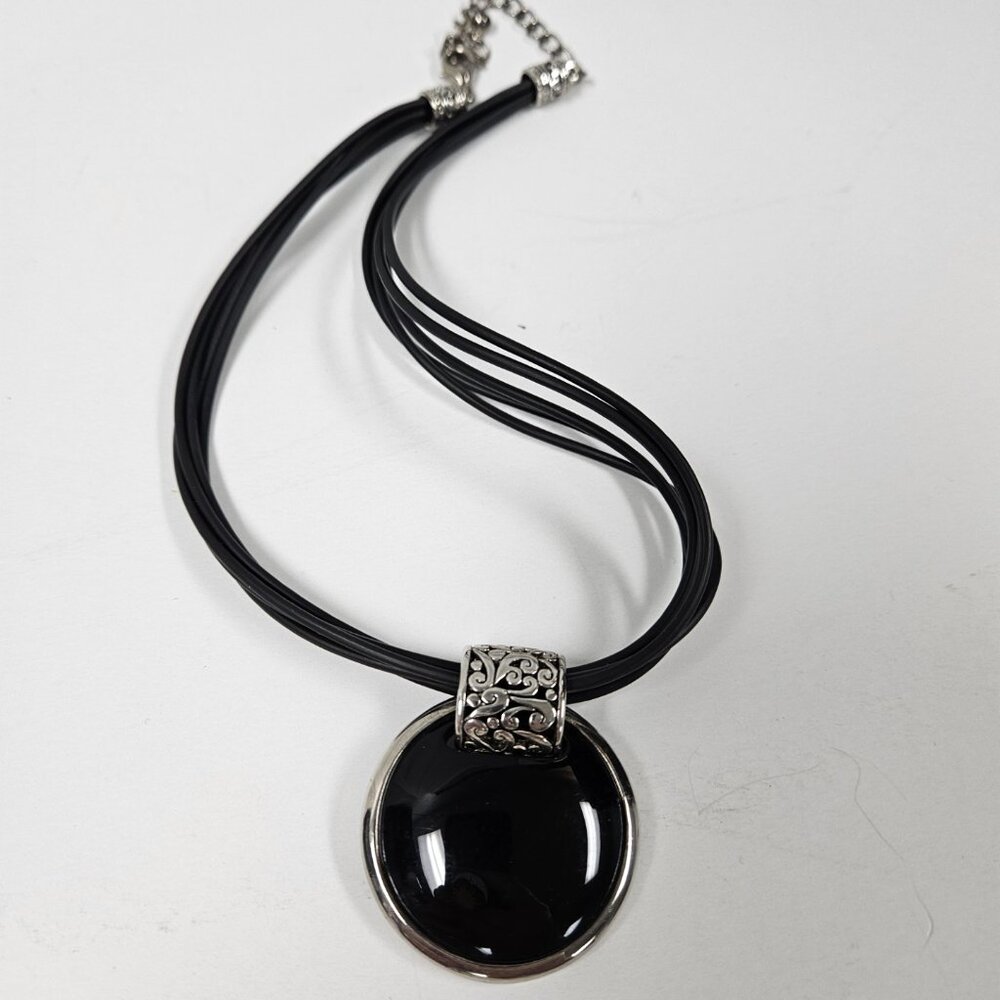 Vintage Black Onyx Pendant Necklace Silver Tone Multi Strand Cord / E-2